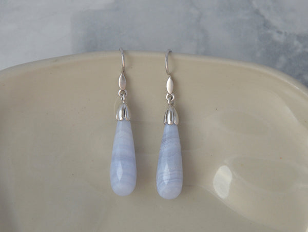 Hand Crafted White Gold Tulip Drop Earrings with Blue Lace Agate Briolette