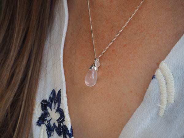 Limited Release Sterling Silver Tulip Drop Pendant with Rose Quartz